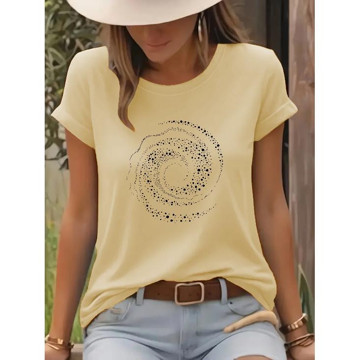 Women s Short Sleeve T Shirt Soft and stretchy casual top With black and white spiral print Loose design Seasonal shirt Machine S бежевый