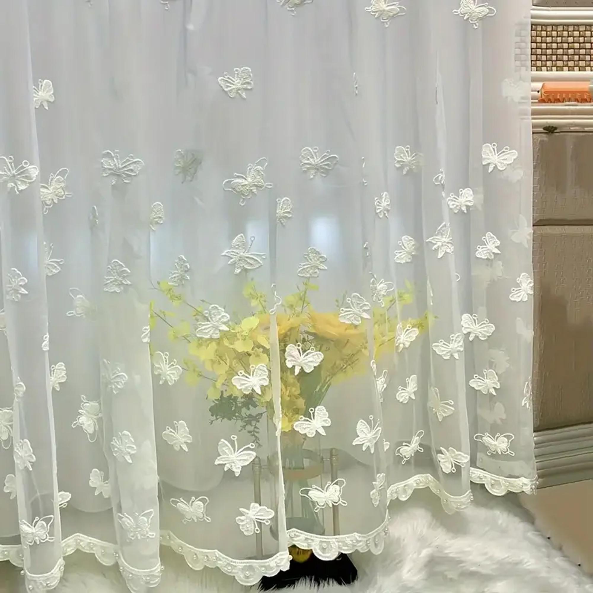 1 STKS Koreaanse Geborduurde Kant Tule Gordijnen Voor Slaapkamer, Witte Tule Gordijnen Voor Woonkamer, Doorzichtig Voile Kamerverdeler Gordijnen 1pc W100xL200 cm&Grommet Top wit