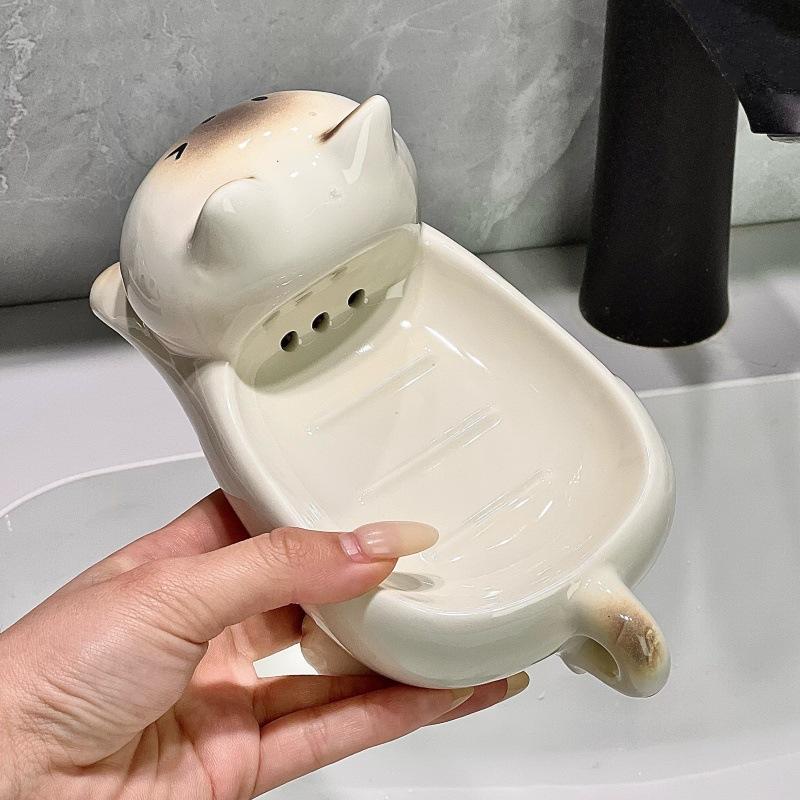 Creative High Appearance Level Cat and Panda-shaped Soap Dish, Water-draining Ceramic High-end Light Luxury Soap Storage Box