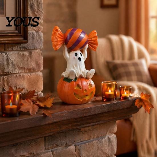 Cute Pumpkin Decor Halloween Ghost Figurine, Sitting on Holding Candy Waterproof Sculpture Craft Statue, Spooky Resin Table Ornament for Indoor Mantle