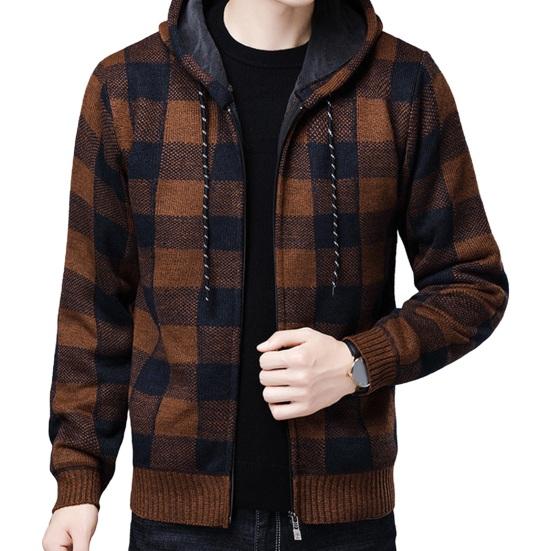 Cardigan Invernale da Uomo Colore a Contrasto Stampa Plaid Cappuccio Coulisse Giacca Media Lunghezza Maglia Spessa Maniche Lunghe Chiusura con Zip Cappotto