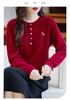 Women's 2025 Autumn/Winter 100% Wool Embroidered Sweater with Round Neck and Colorful Buttons