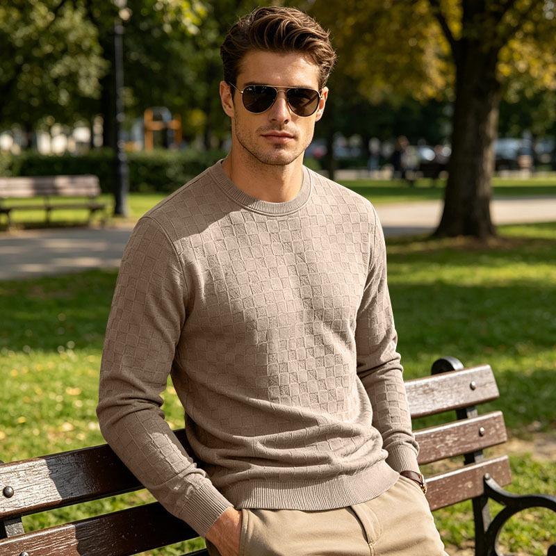 Men S Long Sleeve Crew Neck Pullover Checkered Jacquard Casual Sweatshirt
