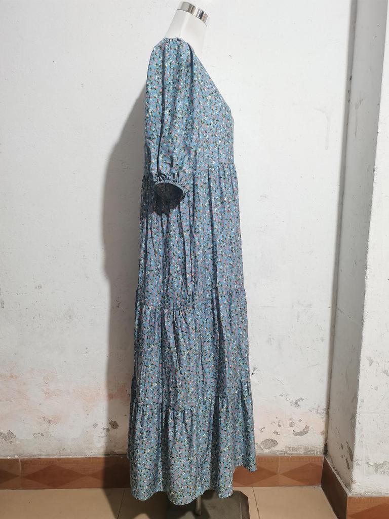 Retro Floral Short Sleeve Plus Size Round Neck Dress for Women