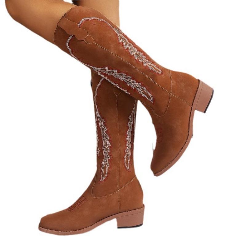 Übergröße bestickte High-Top Kniehohe Mode Stiefel Herbst und Winter Blockabsätze und runde Zehen vielseitige Damenstiefel