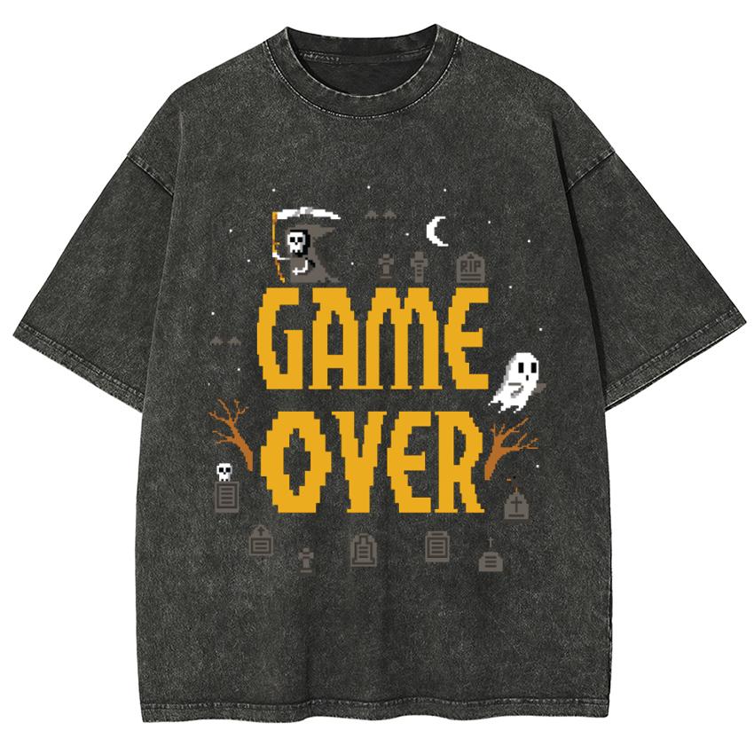 Summer Trend Couple T-shirt Loose Round Neck Short Sleeve GAME OVER Printed American Retro Style Imitation Denim