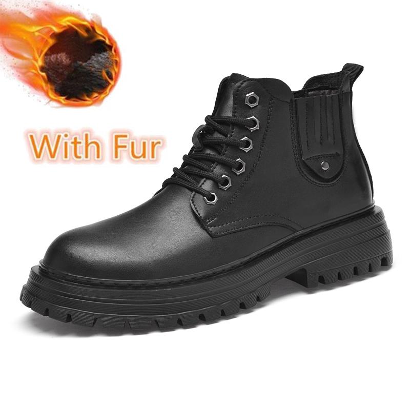 Herren Warme Winter Freizeitschuhe mit Dickem Boden Klassische Echtleder Herren Stiefeletten Schnürschuhe Bequeme Motorradstiefel Wanderschuhe