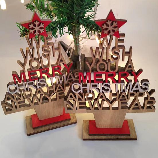 Christmas Tree Wooden Hollow Out Festival Decorative Handmade Desktop Ornaments Gift English Letter Xmas Tree New Year Decoration Party Supplies