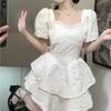 Womens Gradient Color Bow Detail Puff Sleeve Sweet Princess Dress Short High Waist A-Line Mini Teen Girls Students