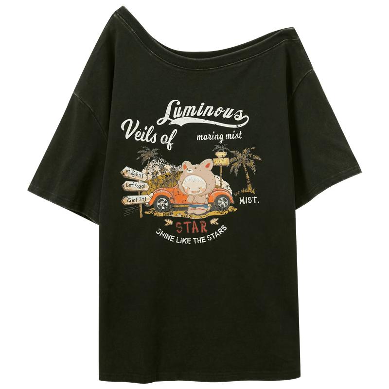 Women s 100% Cotton Letter Print Off-Shoulder T-Shirt XL