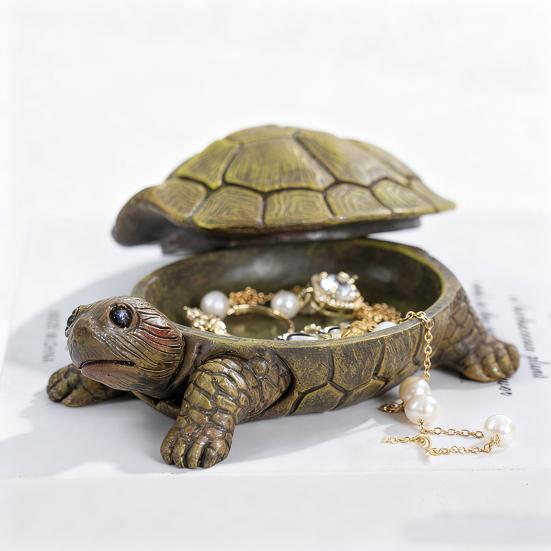 Simulation Turtle Jewelry Storage Box with Lid Resin Tortoise Trinket Keys Organizer Container Animal Statue Figurine Desktop Decoration Ornament
