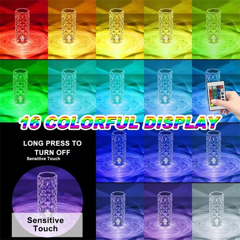 Crystal Table Lamp for Bedroom 16 Colors Touch/Remote Dimmable Night Light USB LED Bedside Diamond Rose Lamp