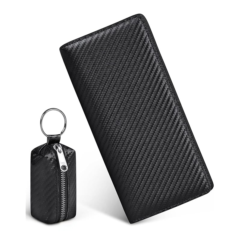 

[RAINSMORE] wallet men s long wallet large capacity carbon leather 4 billfolds Holds 13 cards With coin purse mens wallet light black black