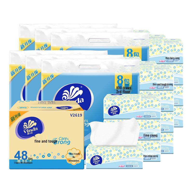 Vinda 3-Ply Fragrance-Free Facial Tissue: 8 Packs of 100 Sheets, Fine & Durable.