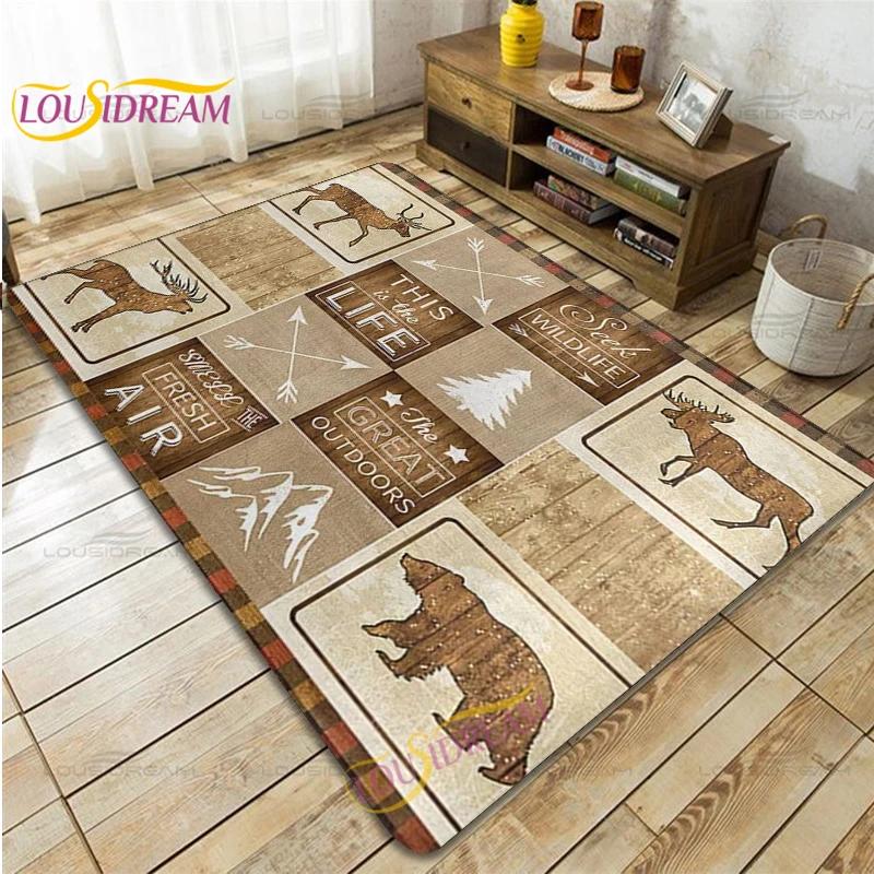 Country Style Farmhouse Lodge Bear Moose Deer Soft Rug Square Flannel Home Rug Vintage Home Living Room Floor Mats Bedroom Rug