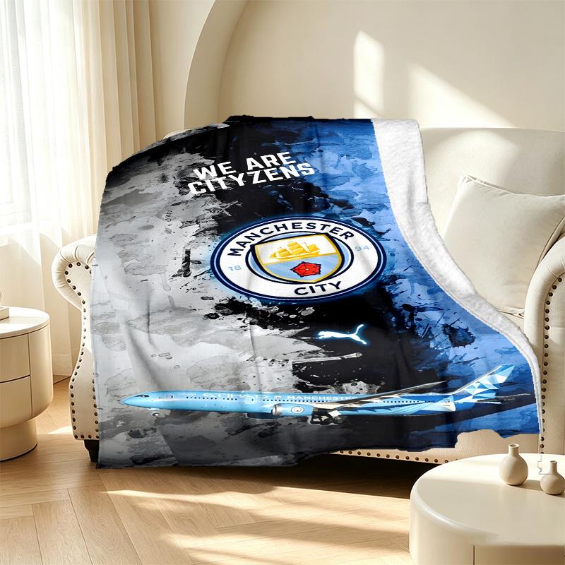 Manchester City FC Pattern Blanket for Home Decoration, Bed, Sofa, Car Travel, Camping, Suitable for All Seasons, Birthday Christmas Gift