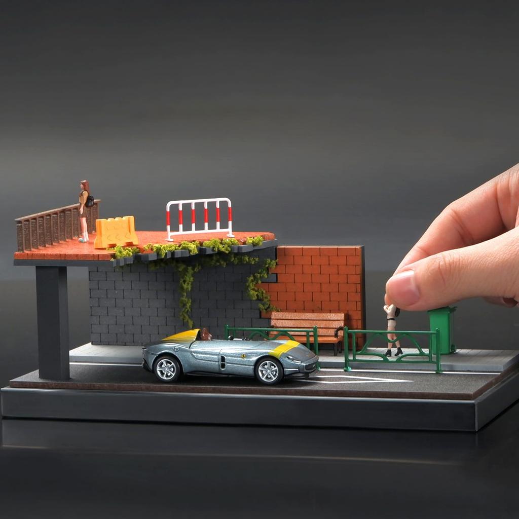 Shoucangjia Display Case for Hot and Matchbox Cars Scale Model Garage with Dust Street Fence Scene Diorama Parking Showcase Tomica, Wheels, 164
