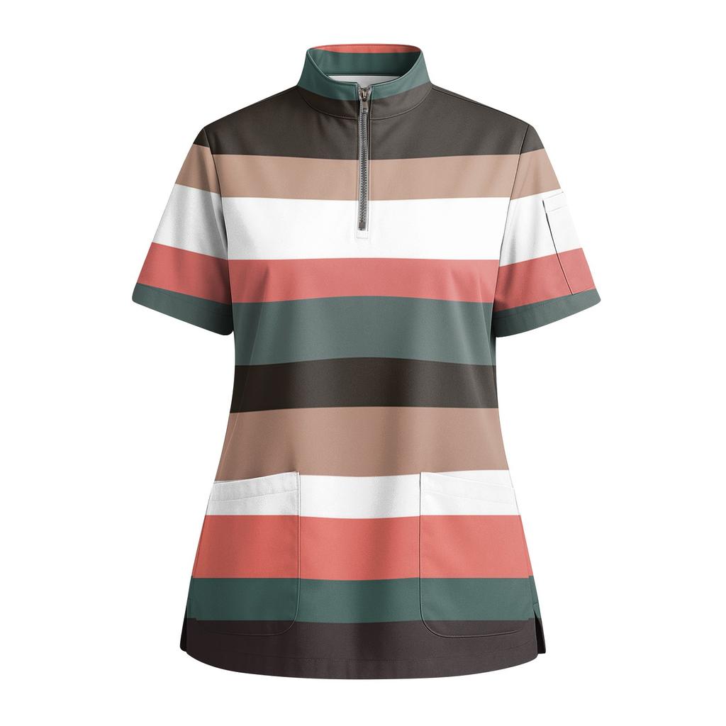 Women's Short Sleeved Printed V-neck Buttonable Side Slit Top T-shirt