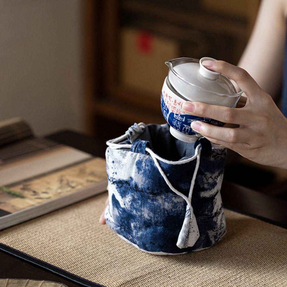 Chinese Style Tea Tools Storage Bag Cotton Drawstring Bundle Pocket Ink Rendering Handbag  Festival