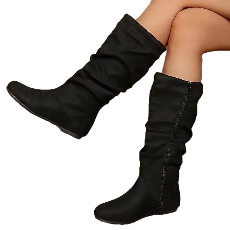 Plus-size Shoes, Mid-calf Boots, Women's Autumn and Winter New Style Pleated Boots, Flat Boots