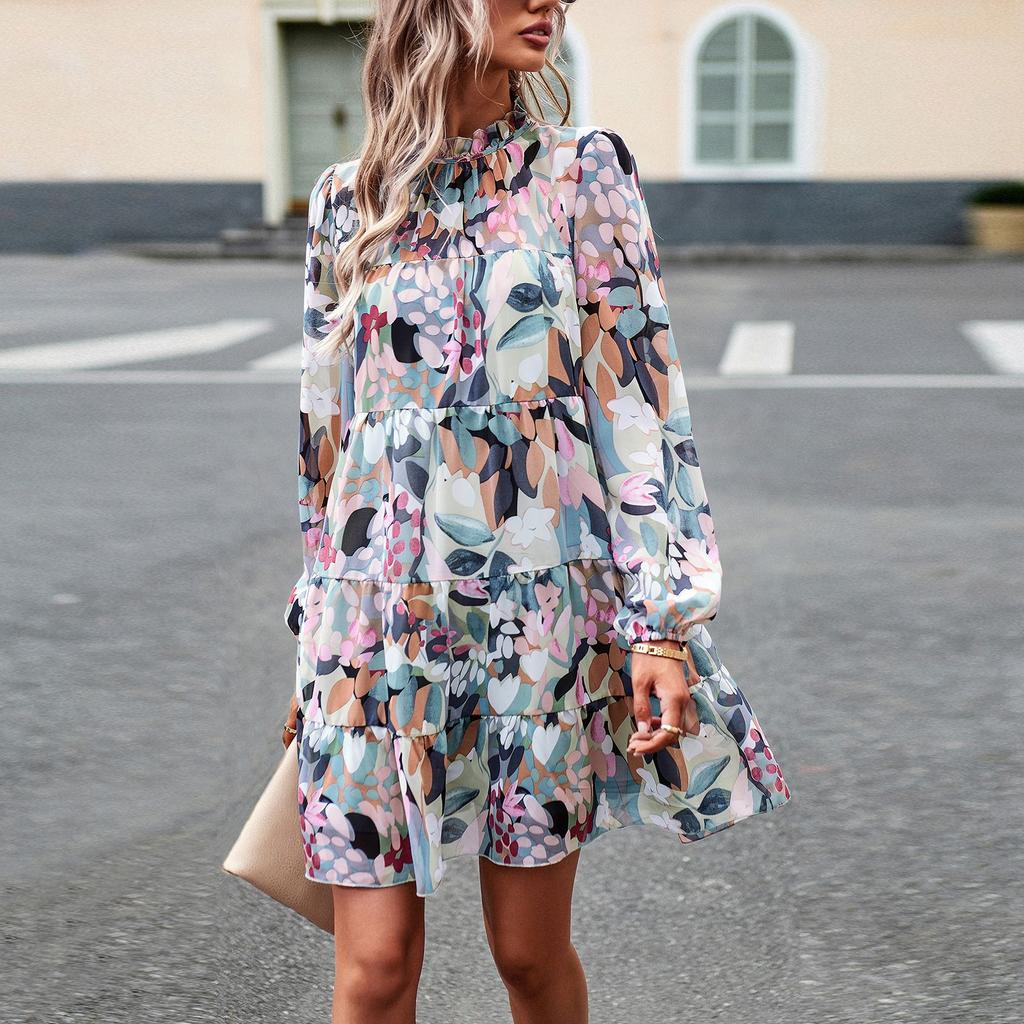 Printed Dresses, Autumn and Winter Women's Temperament, Elegant Long-sleeved Short Skirt