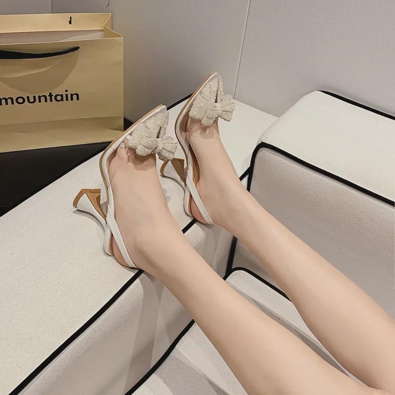 2024 Summer Women's Pearl Bow Transparent High Heel Sandals