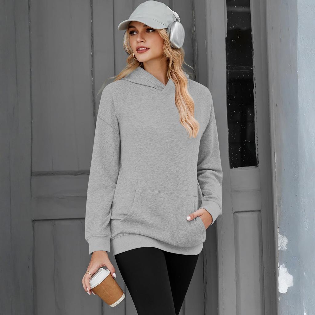 Women's Casual Color Pullover Hoodie with Drop Shoulders and Long Sleeves for Everyday Wear