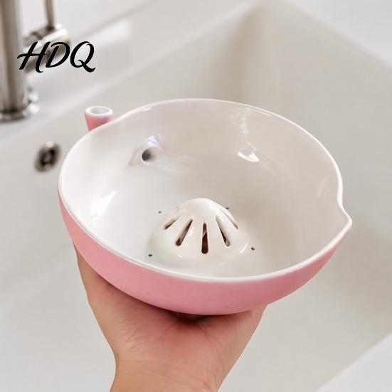 Ceramic Serving Bowl for Grapes Berry Washing Bowl Raised Center Drainage Hole Fruit Rinse Small Herbs Self-Spinning Colander Kitchen Countertop