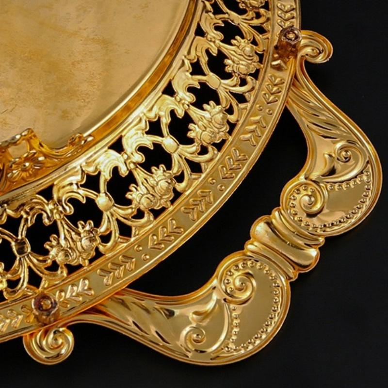 European Vintage Fruit Plate, Alloy Household Round Hollow Lace Plate, Gold Snack Hotel Dinner Plate, Home Table Decoration