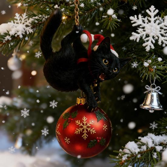 Cat Christmas Ornament Cute Kitten Christmas Ball Ornament 2D Flat Hanging Charm for Car Rearview Mirror