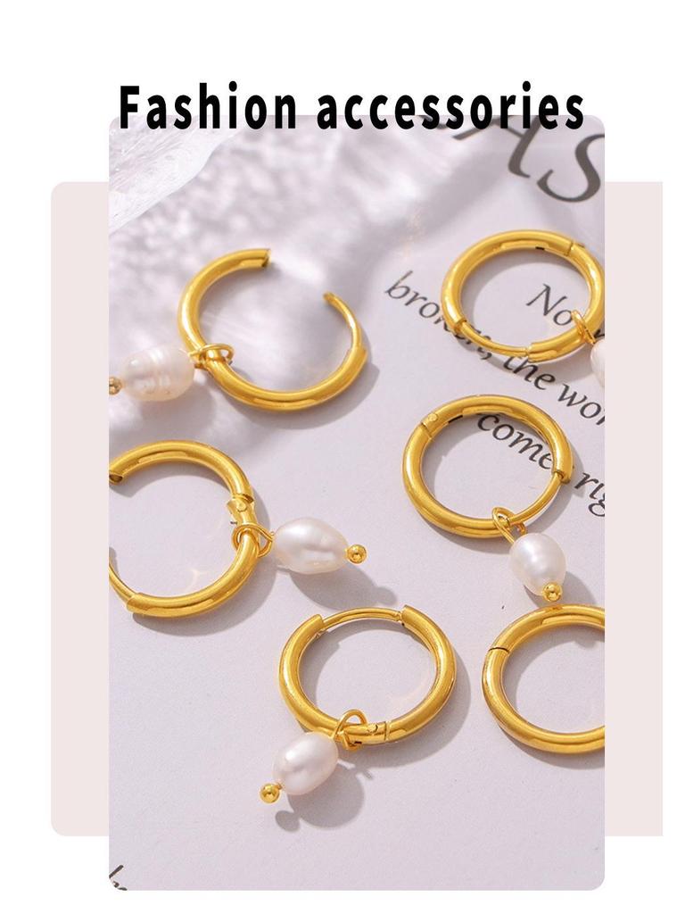 Korean-Inspired Natural Freshwater Pearl Earrings, 18K Gold-Plated Titanium Steel, Simple and Versatile for Women