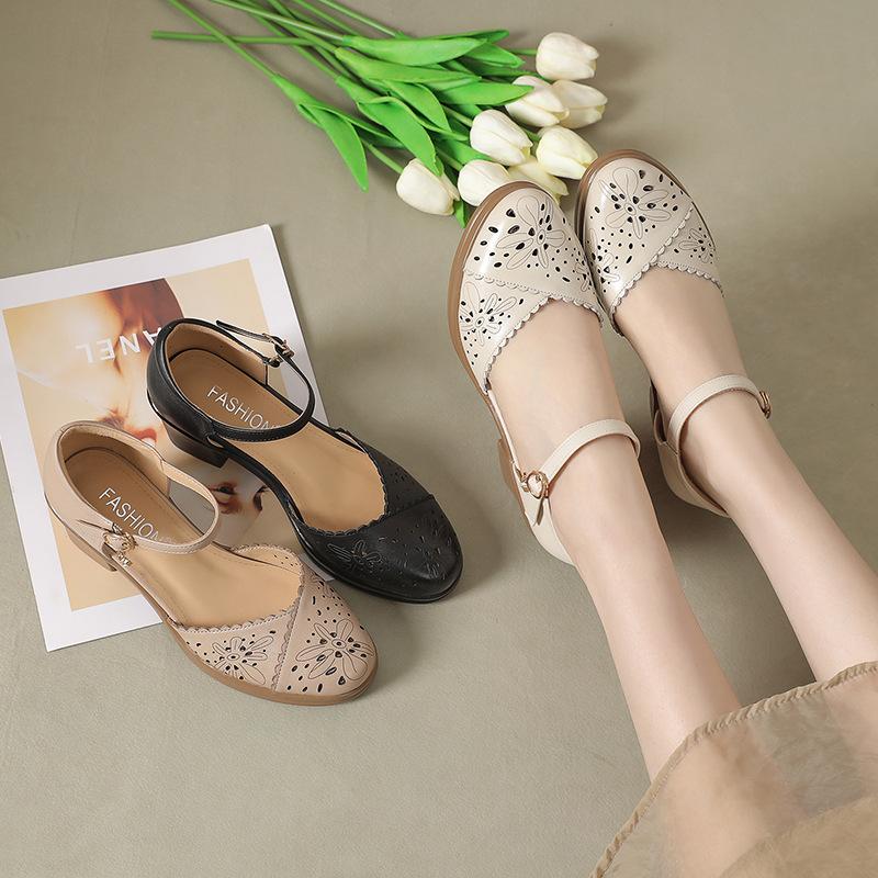 Fashion GKTINOO Genuine Leather Women Sandals Soft Comfort Summer Shoes Thick Heels Non-slip Women Shoes 2025 Hollow Sandals Large Size