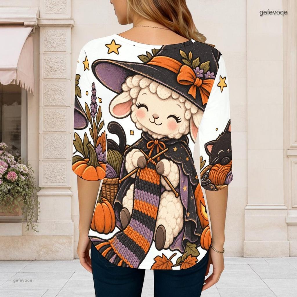 Women Plus Size Round Neck 3 4 Sleeve T Shirt Cartoon Tiger Printed Curved Hem With Pockets