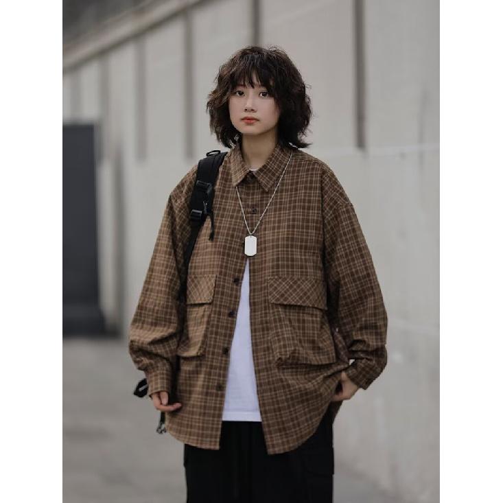 Retro Rutig Långärmad Skjorta i Japansk Stil med Stor Ficka Herr och Dam Vintage Flerficks Par Kontrastfärg Skjorta Jacka
