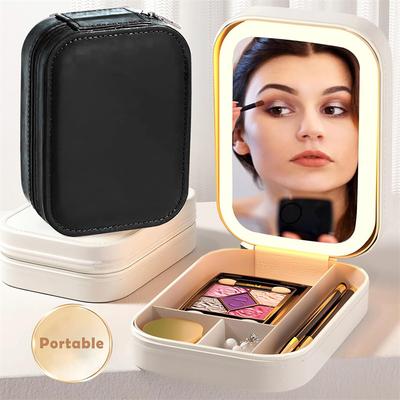 LED Makeup Brushes Storage Box With Mirror Portable Cosmetic Storage Case Lipstick Brush Wireless Makeup Tools Box With Light