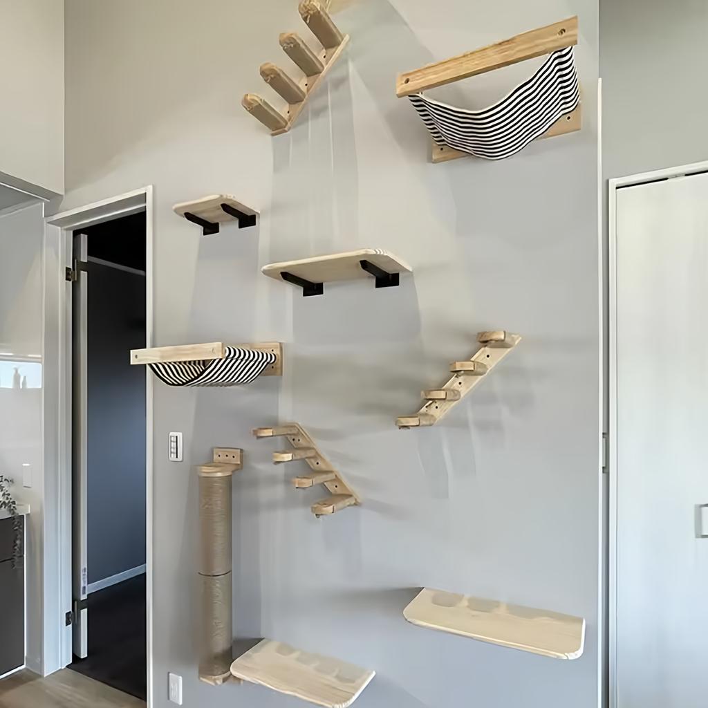 Wall Mounted Cat Bridge Cat Hammock with Wood Stairway or Scratching Post for Cats Perch and Playing Cat Indoor Playground