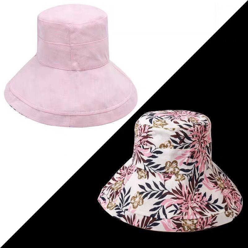 Wide Brim Cotton Summer Hat Women Packable Reversible Floral Bucket Hat UV Sun Protection Wide Brim Summer Beach Cap Double Sided Floppy Sun Hats KTY