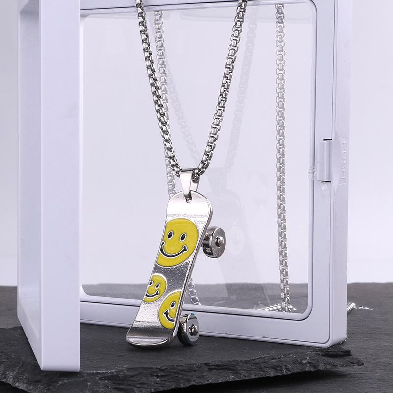 Titanium Steel Hip Hop Cartoon Smiley Skateboard Pendant Necklace for Men & Women