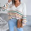 Women Loose V Neck Long Sleeve Striped Rainbow Sweater Fall Winter S-L