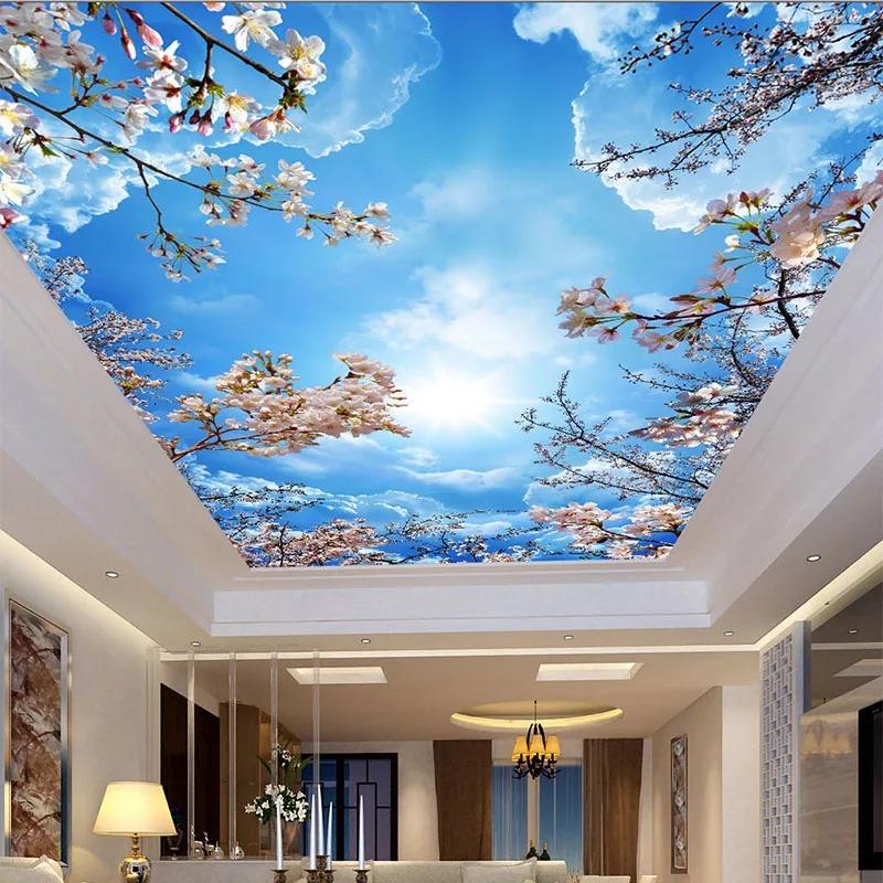 

3d Blue Sky Mural White Clouds Wallpaper Cherry Blossom Ceiling Mural Living Room Dining Room Home Decor 3d Fresco 200 cm(W) x 140 cm(H)