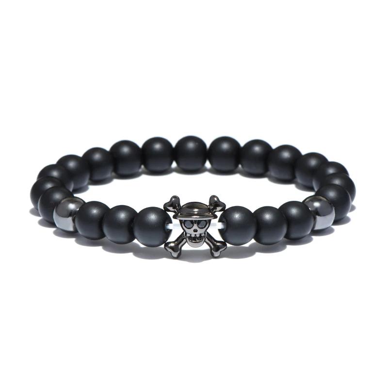 New Pirate Skull Bracelet Men 8mm Black Onyx Beaded Braslet Gothic Wolf Animal Braclet Male Accessories Gift For Boyfriend Joias