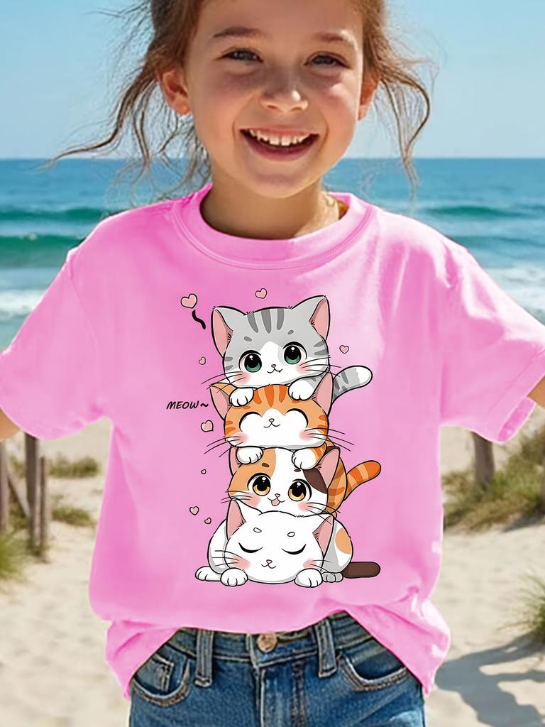 2026 Summer Fashion Girls ShortSleeve Cotton TShirt with Cute Kitten Cartoon Print Casual Top Birthday Gift