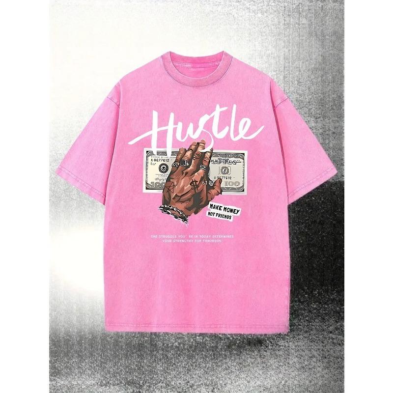 Men'S Relaxed Fit Short Sleeve Tee Made from Washed Pure, Featuring a Hip-Hop 'Hustle' Money Hand Design. This Trendy And Edgy Gift for Holidays