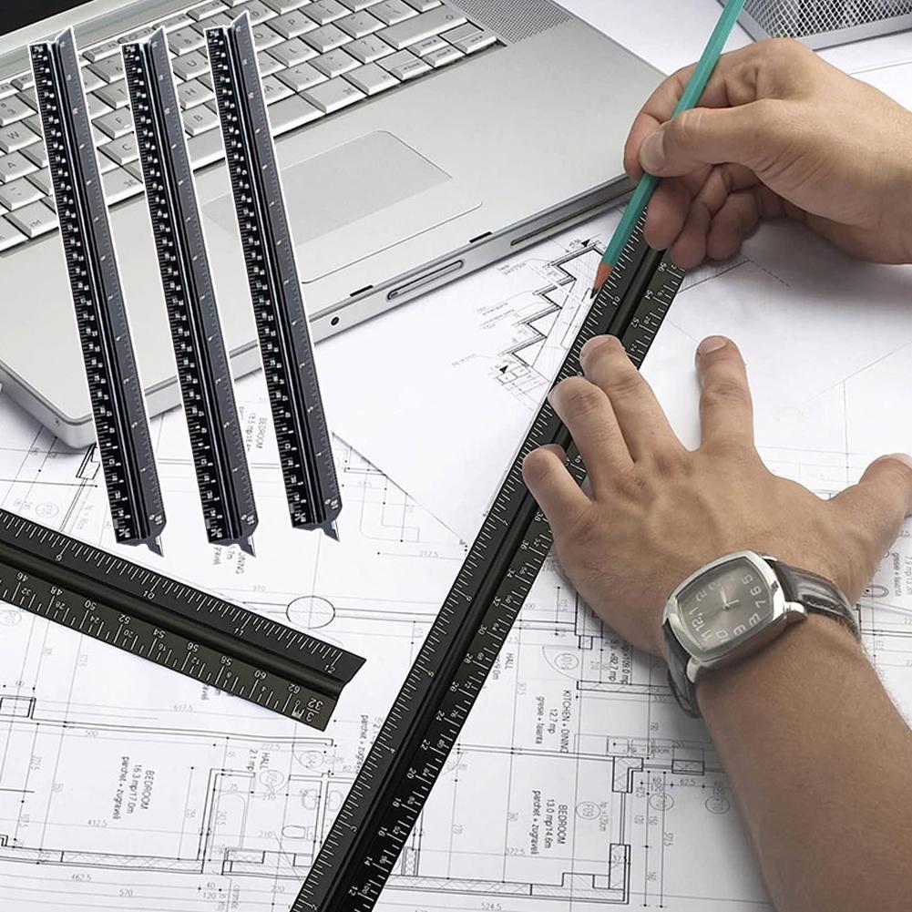 Triangular Ruler Scale Aluminum Alloy Ruler Drawing Ruler Architectural Inch 30cm Centimeter In M4F4