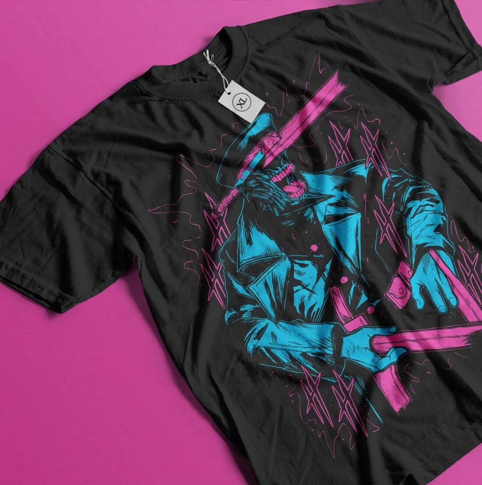 Anime Chainsaw Unisex Sword Devil Pink Blue Graphic Black TShirt Size S4XL