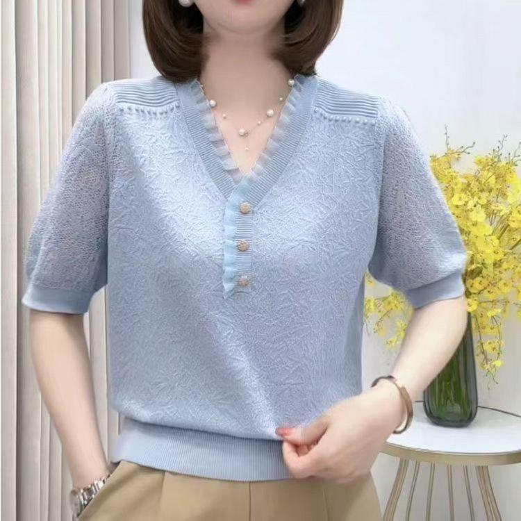 

French Crochet Beaded V-neck Tencel Knit Loose T-shirt - Women s Casual Short Sleeve Versatile Top One Size синий