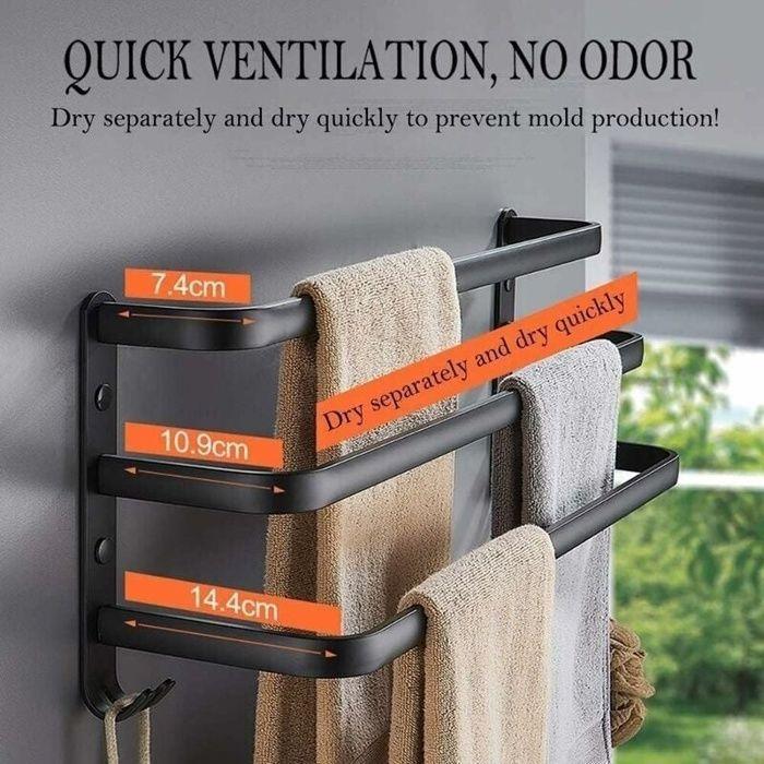 Porte‑serviettes mural 3 niveaux 60 cm noir – aluminium, sans perçage ou à percer, gain de place