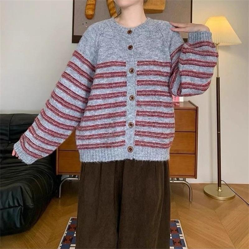 

Ленивый ветер ретро полосатый свитер с круглым вырезом куртка женская осень и зима новый свободный вязаный кардиган топ толстый One Size серый
