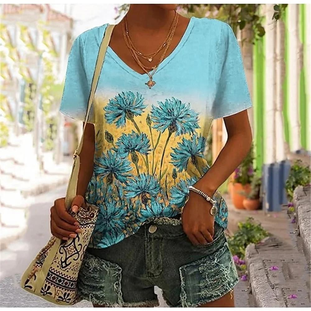 Abstract Oil Painting Floral 3D Print Summer Letter Fashion Women T-shirt Short Sleeve Everyday Tops T-shirt Harajuku Vintage