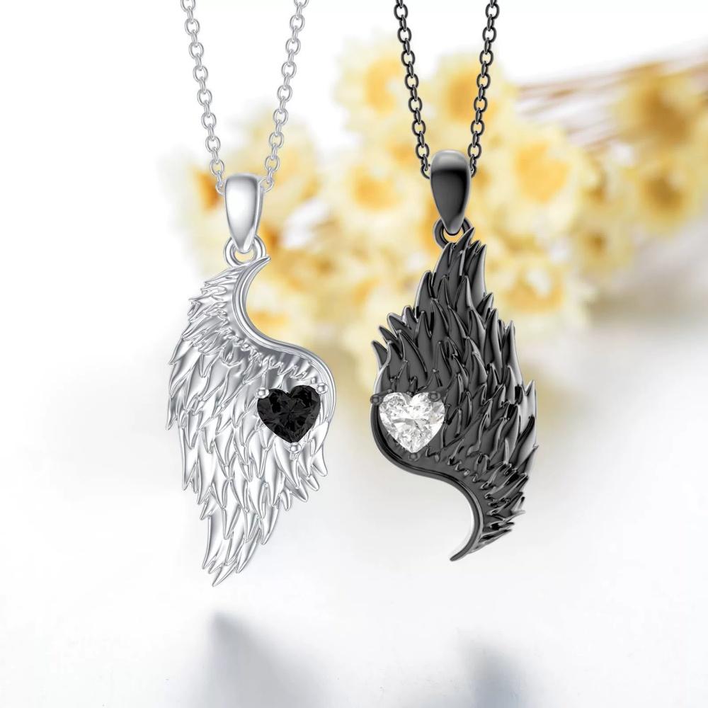 Neue Schwarz-Weiß-Farbe Herz Engel Teufel Flügel Anhänger Halskette Ohrringe Einzigartiger Mode Gothic Valentinstag Schmuck Geschenk